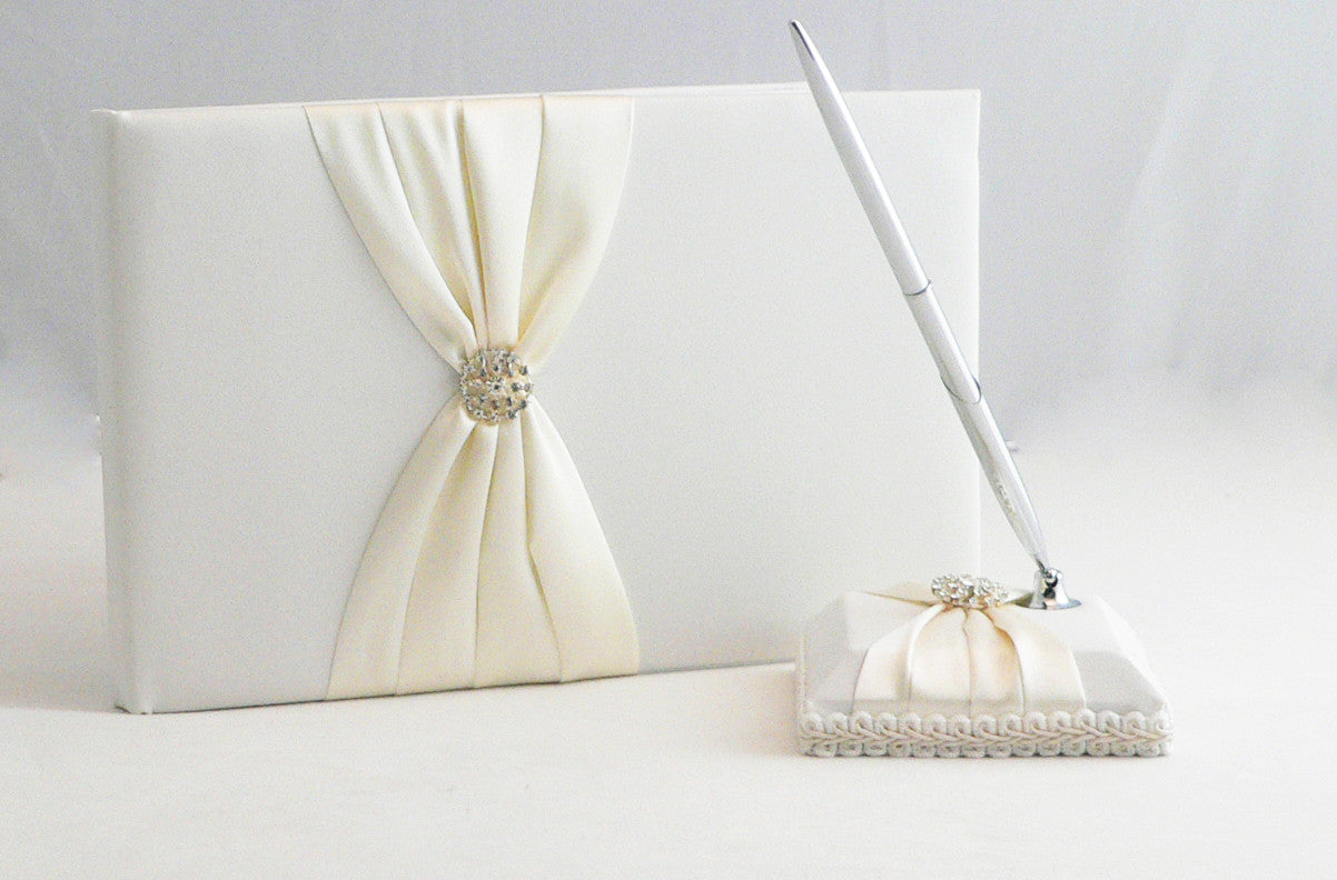 White Wedding Guest Book Register with Silver Pen Matching Stand Set 36 Lined Pages - Ivory Sach Ribbon Cover V382-IVRYSACHGBPEN
