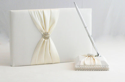 White Wedding Guest Book Register with Silver Pen Matching Stand Set 36 Lined Pages - Ivory Sach Ribbon Cover V382-IVRYSACHGBPEN