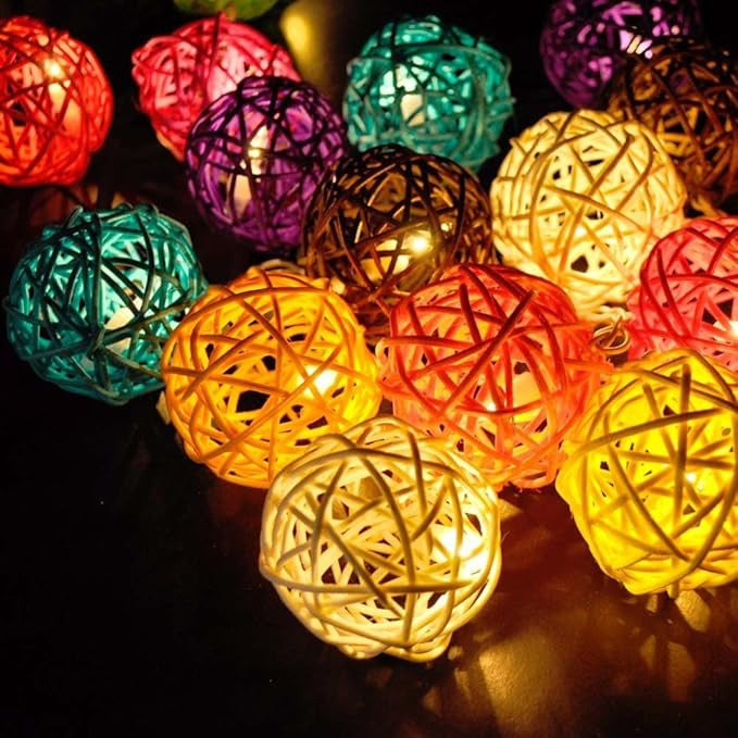 1 Set of Multi Coloured 5cm Rattan Cane 20 Ball Battery Powered 3m String Lights Christmas Gift Home Wedding V382-MULTICOLRATTBALLBATT20