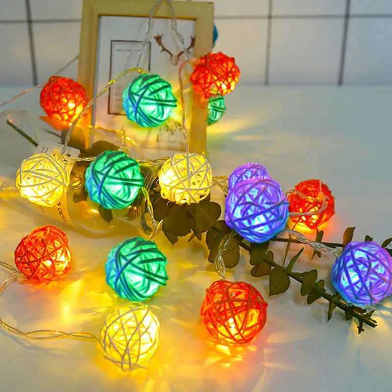 1 Set of Multi Coloured 5cm Rattan Cane 20 Ball Battery Powered 3m String Lights Christmas Gift Home Wedding V382-MULTICOLRATTBALLBATT20