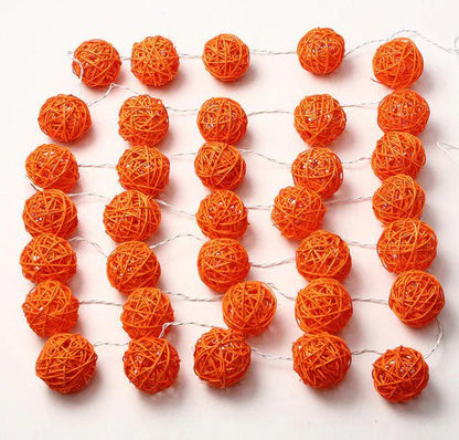 1 Set of Orange 5cm Rattan Cane 20 Ball Battery Powered 3m String Lights Christmas Gift Home Wedding Party V382-ORANGERATTBALLBATT20