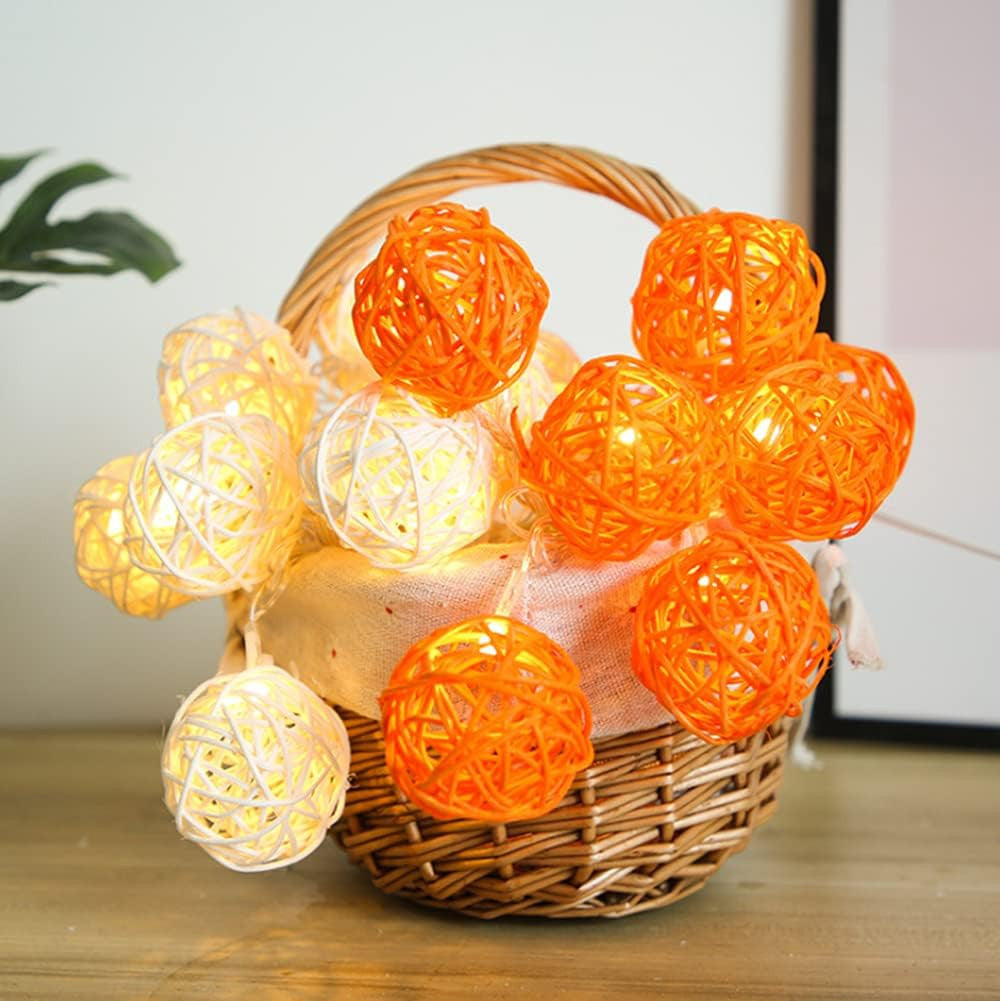 1 Set of Orange n White 5cm Rattan Cane 20 Ball Battery Powered 3m String Lights Christmas Gift Home Wedding V382-ORWHITERATTBALLBATT20