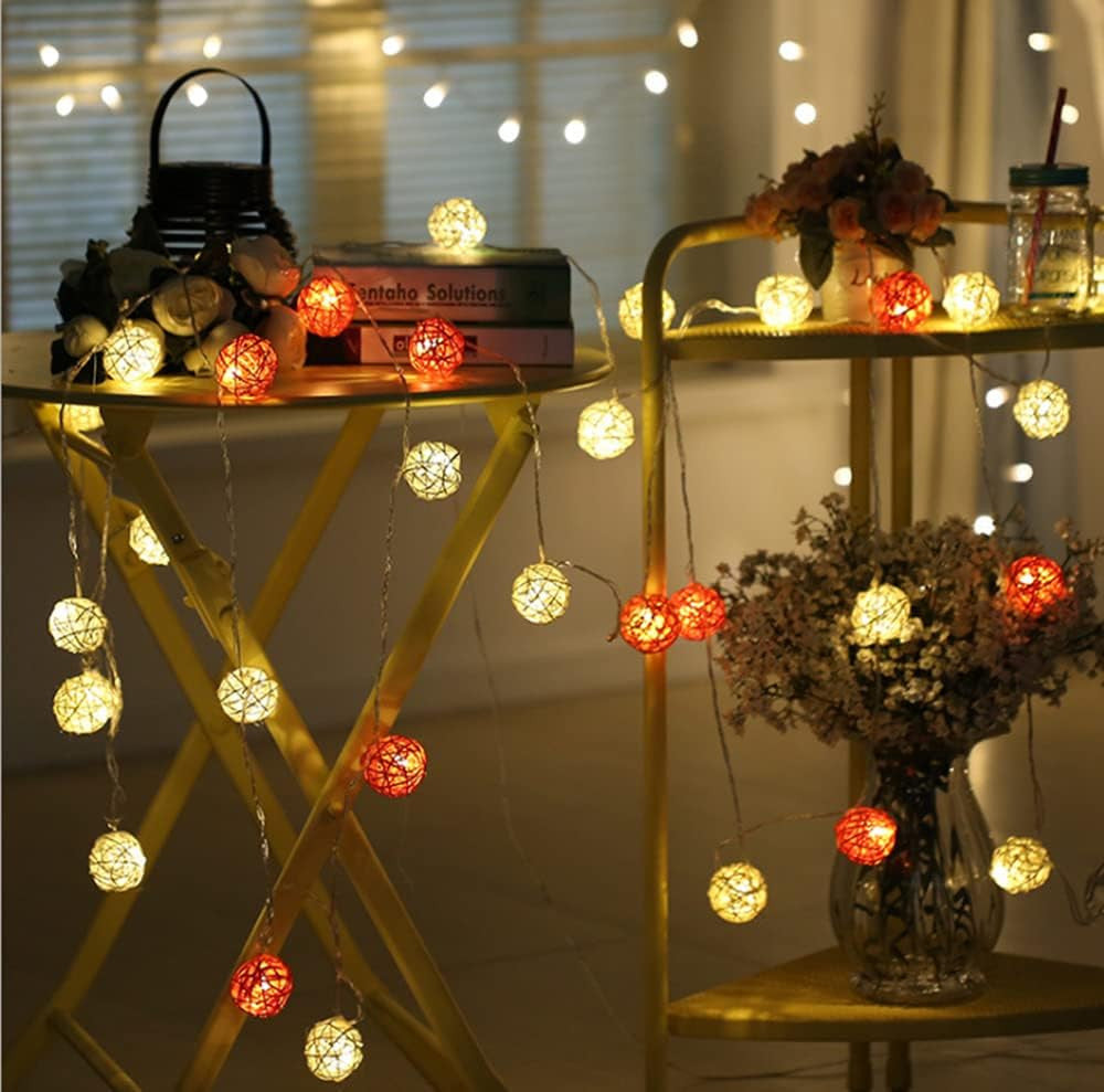 1 Set of Orange n White 5cm Rattan Cane 20 Ball Battery Powered 3m String Lights Christmas Gift Home Wedding V382-ORWHITERATTBALLBATT20