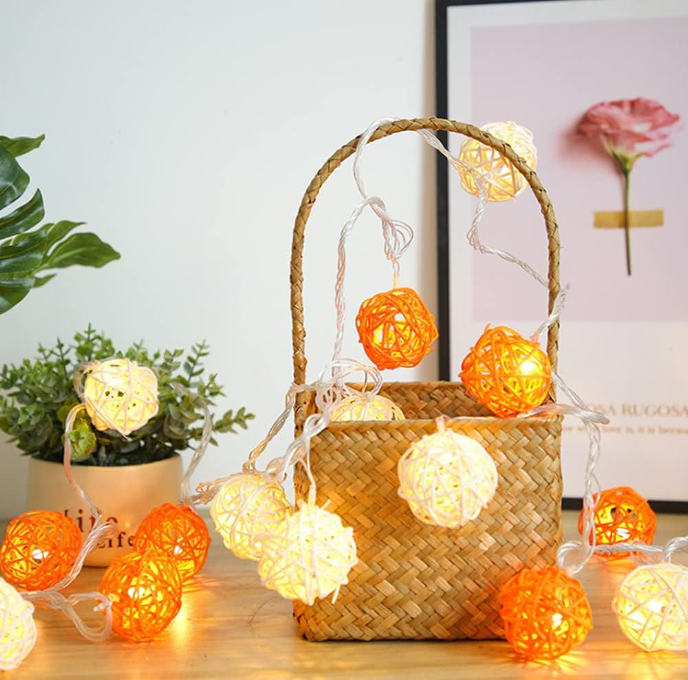 1 Set of Orange n White 5cm Rattan Cane 20 Ball Battery Powered 3m String Lights Christmas Gift Home Wedding V382-ORWHITERATTBALLBATT20