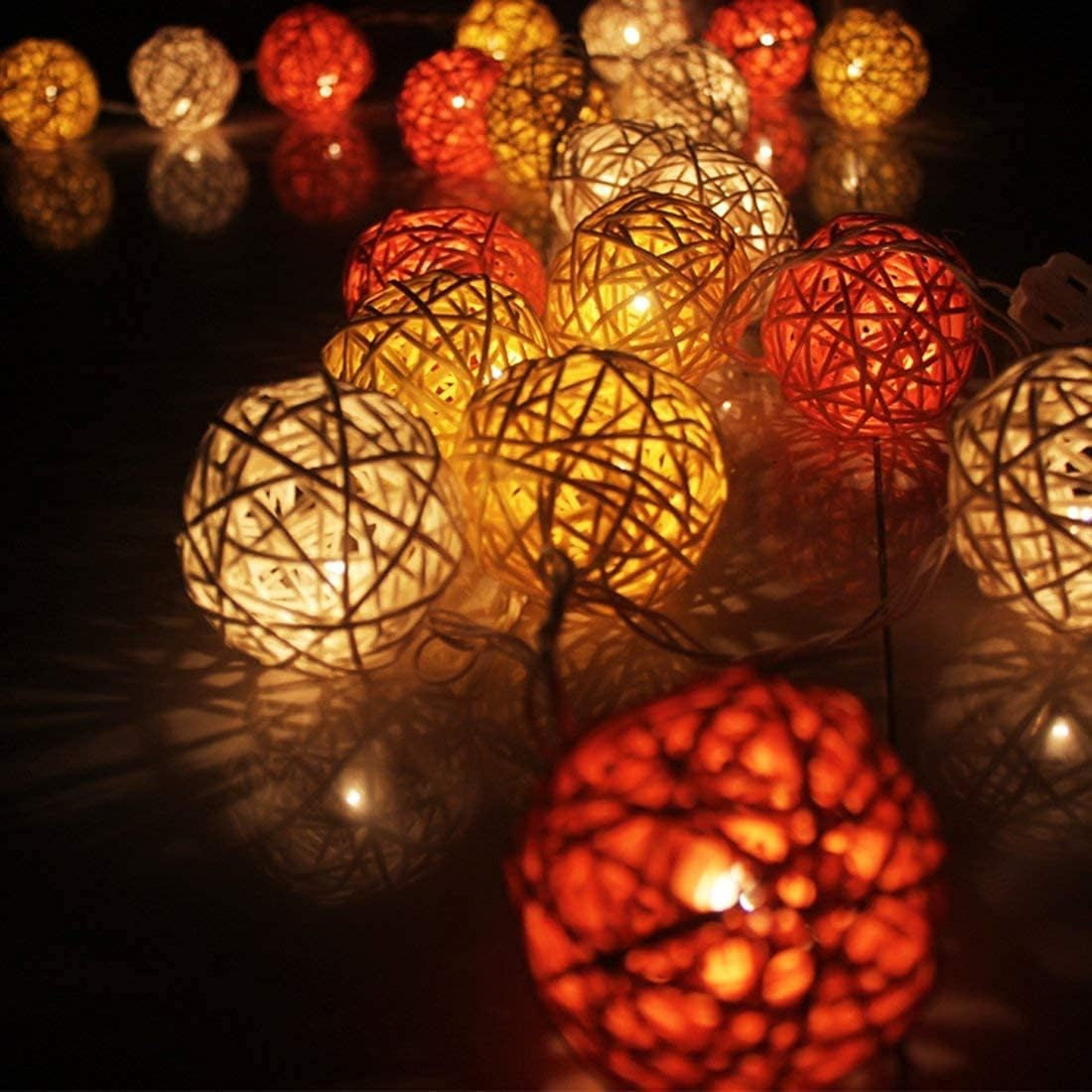 1 Set of Orange n White 5cm Rattan Cane 20 Ball Battery Powered 3m String Lights Christmas Gift Home Wedding V382-ORWHITERATTBALLBATT20