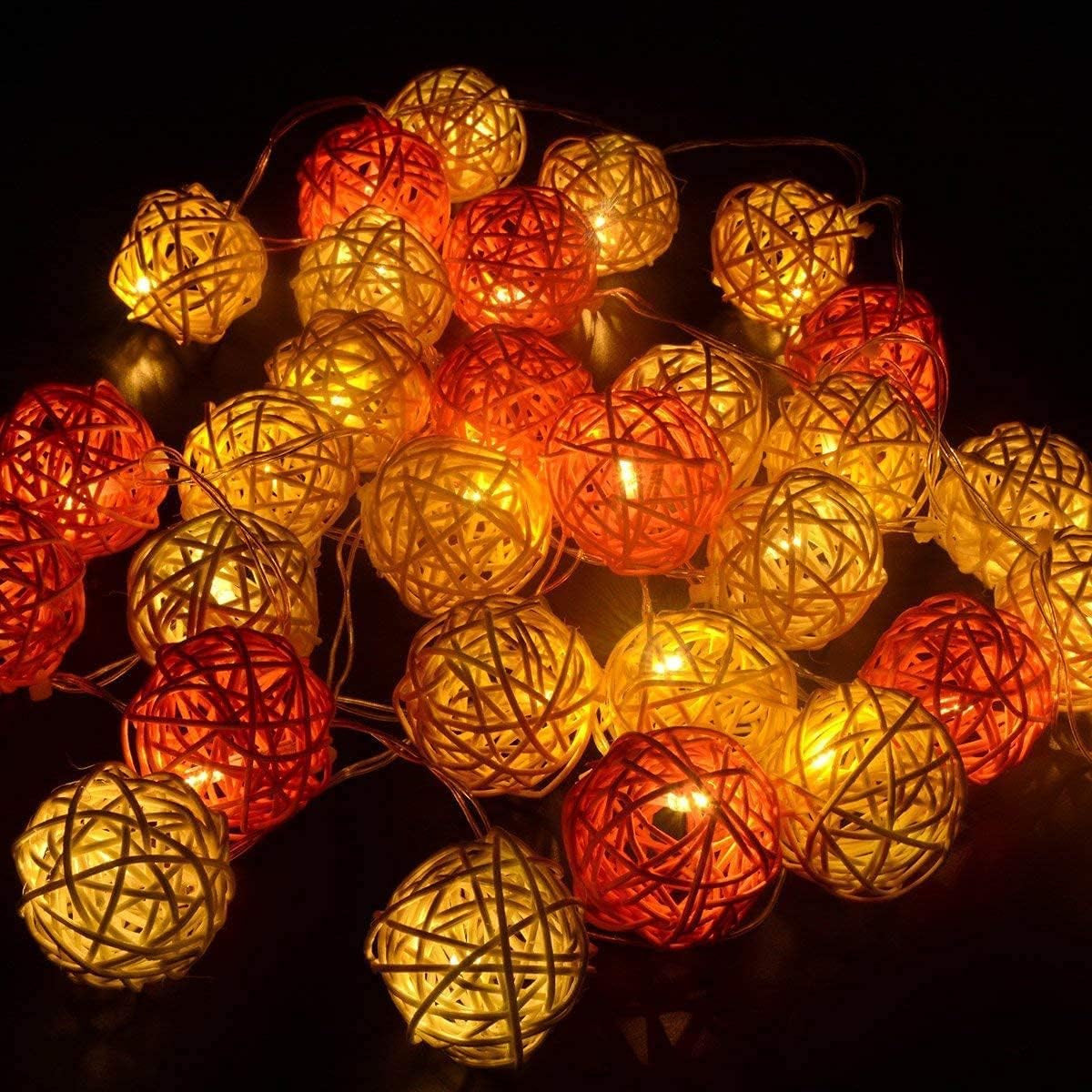 1 Set of Orange n White 5cm Rattan Cane 20 Ball Battery Powered 3m String Lights Christmas Gift Home Wedding V382-ORWHITERATTBALLBATT20