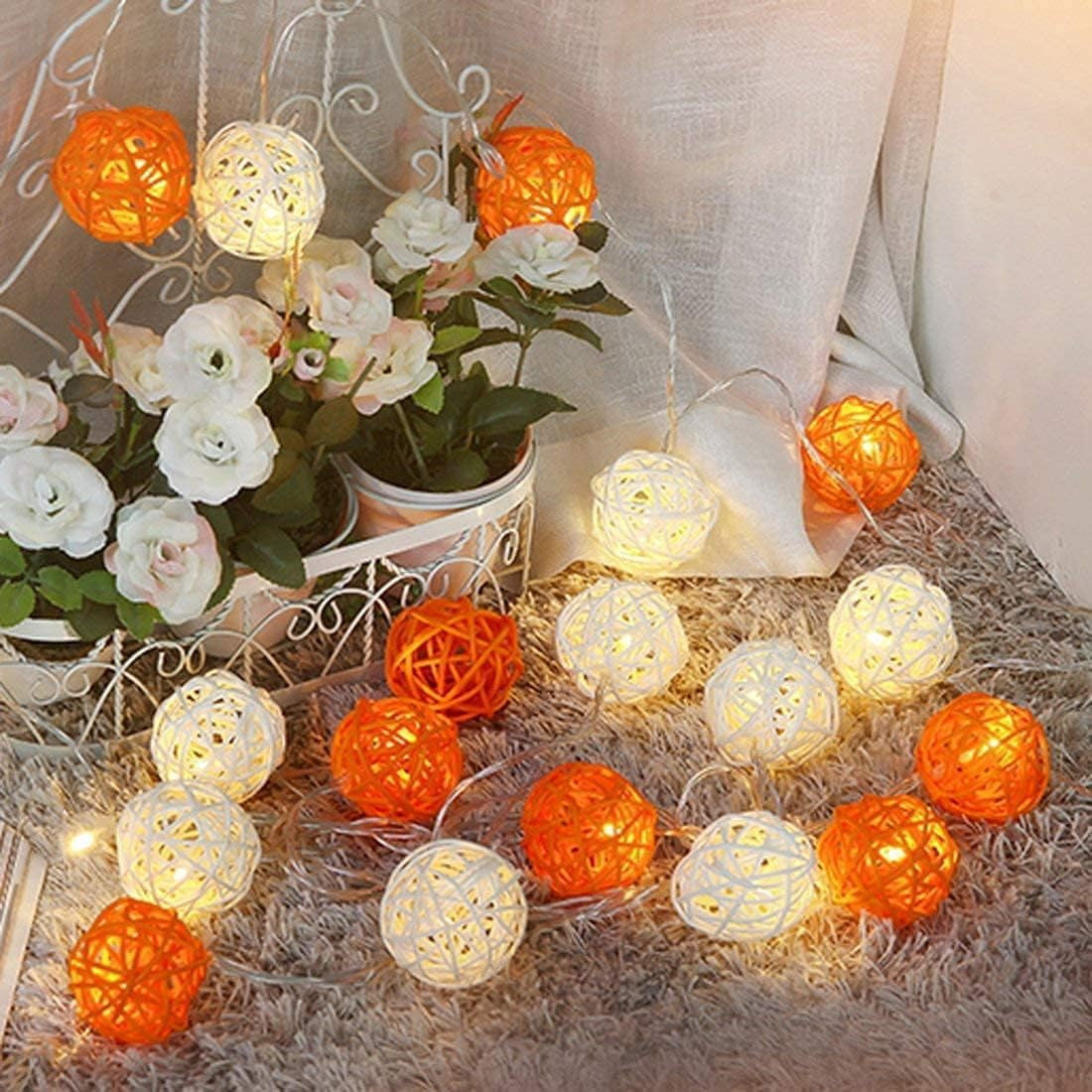 1 Set of Orange n White 5cm Rattan Cane 50 Ball Battery Powered LONG 5m String Lights Christmas Gift Home V382-ORWHITERATTBALLBATT50
