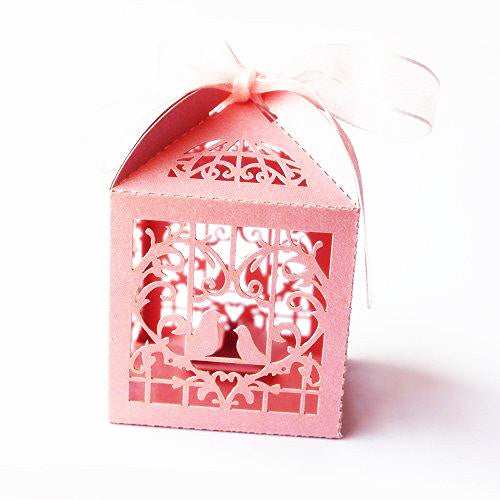 100 Piece Pack - Pink Dove Bird Heart Baby Birth naming Ceremony Bomboniere Favor Lolly Gift Card Box V382-PINKDOVEBOX100