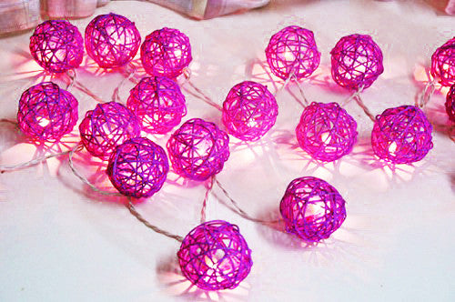 1 Set of Pink 5cm Rattan Cane 20 Ball Battery Powered 3m String Lights Christmas Gift Home Wedding Party V382-PINKRATTBALLBATT20