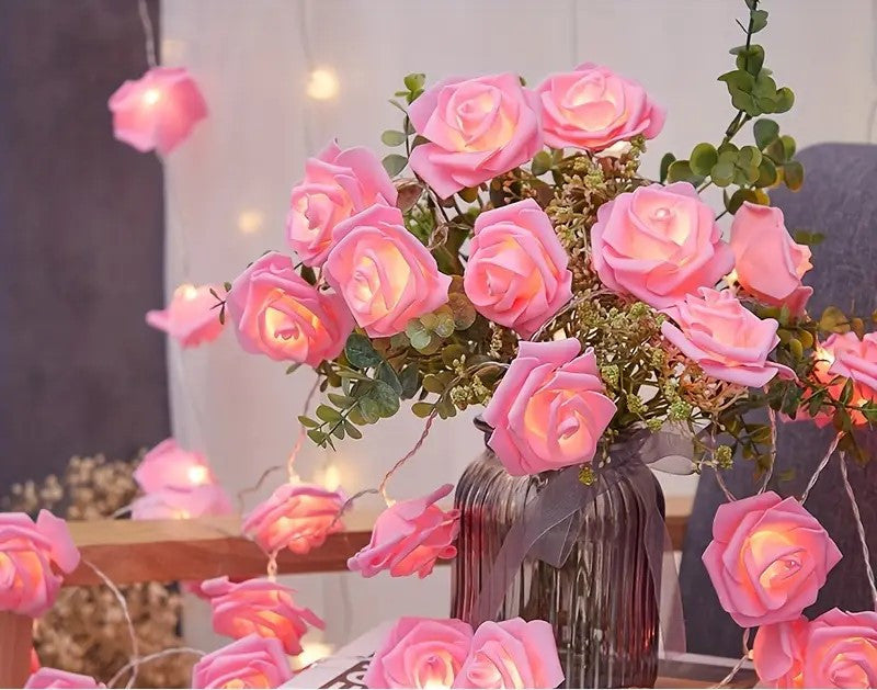 20 Pink Rose 3D Fairy Lights 3M String, Battery (AA) Indoor & Outdoor Decorations Wedding Valentines Romantic V382-PINKROSEBATT20