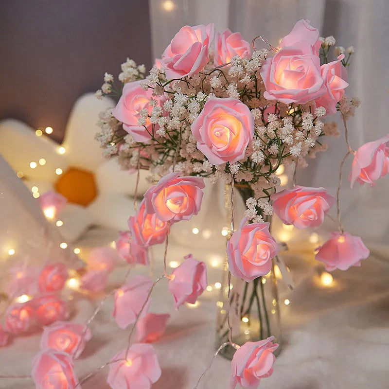 20 Pink Rose 3D Fairy Lights 3M String, Battery (AA) Indoor & Outdoor Decorations Wedding Valentines Romantic V382-PINKROSEBATT20