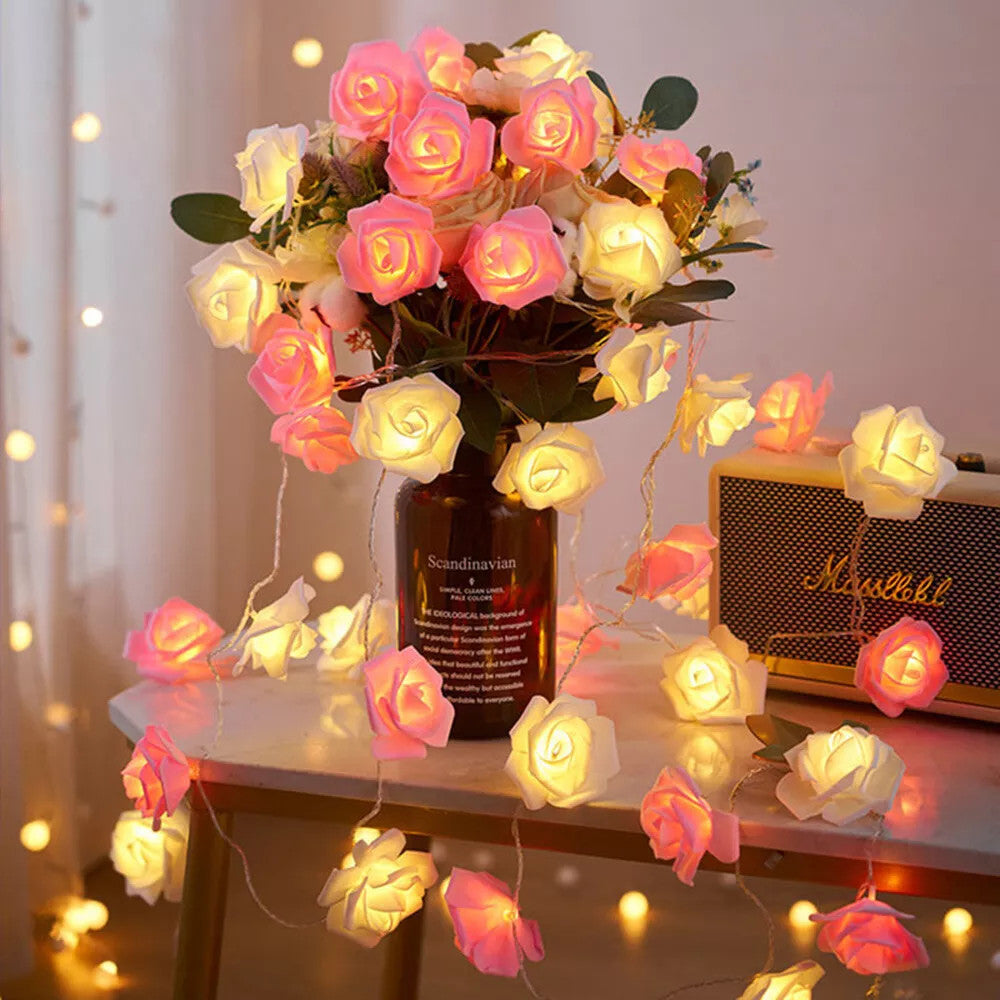 20 Pink n White Rose 3D Fairy Lights 3M String, Battery (AA) Indoor & Outdoor Decorations Wedding Valentines V382-PINKWHITEROSEBATT20