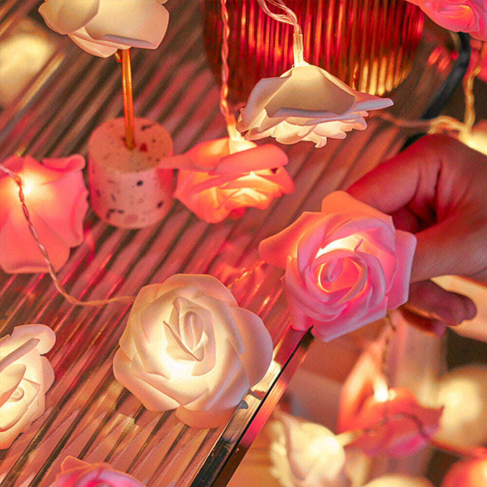 20 Pink n White Rose 3D Fairy Lights 3M String, Battery (AA) Indoor & Outdoor Decorations Wedding Valentines V382-PINKWHITEROSEBATT20