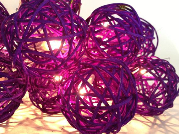 1 Set of 20 LED Cassis Purple 5cm Rattan Cane Ball Battery Powered String Lights Christmas Gift Home Wedding V382-PURPRATTBALLBATT20