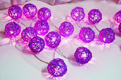 1 Set of 20 LED Cassis Purple 5cm Rattan Cane Ball Battery Powered String Lights Christmas Gift Home Wedding V382-PURPRATTBALLBATT20