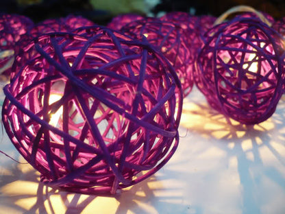 1 Set of 20 LED Cassis Purple 5cm Rattan Cane Ball Battery Powered String Lights Christmas Gift Home Wedding V382-PURPRATTBALLBATT20