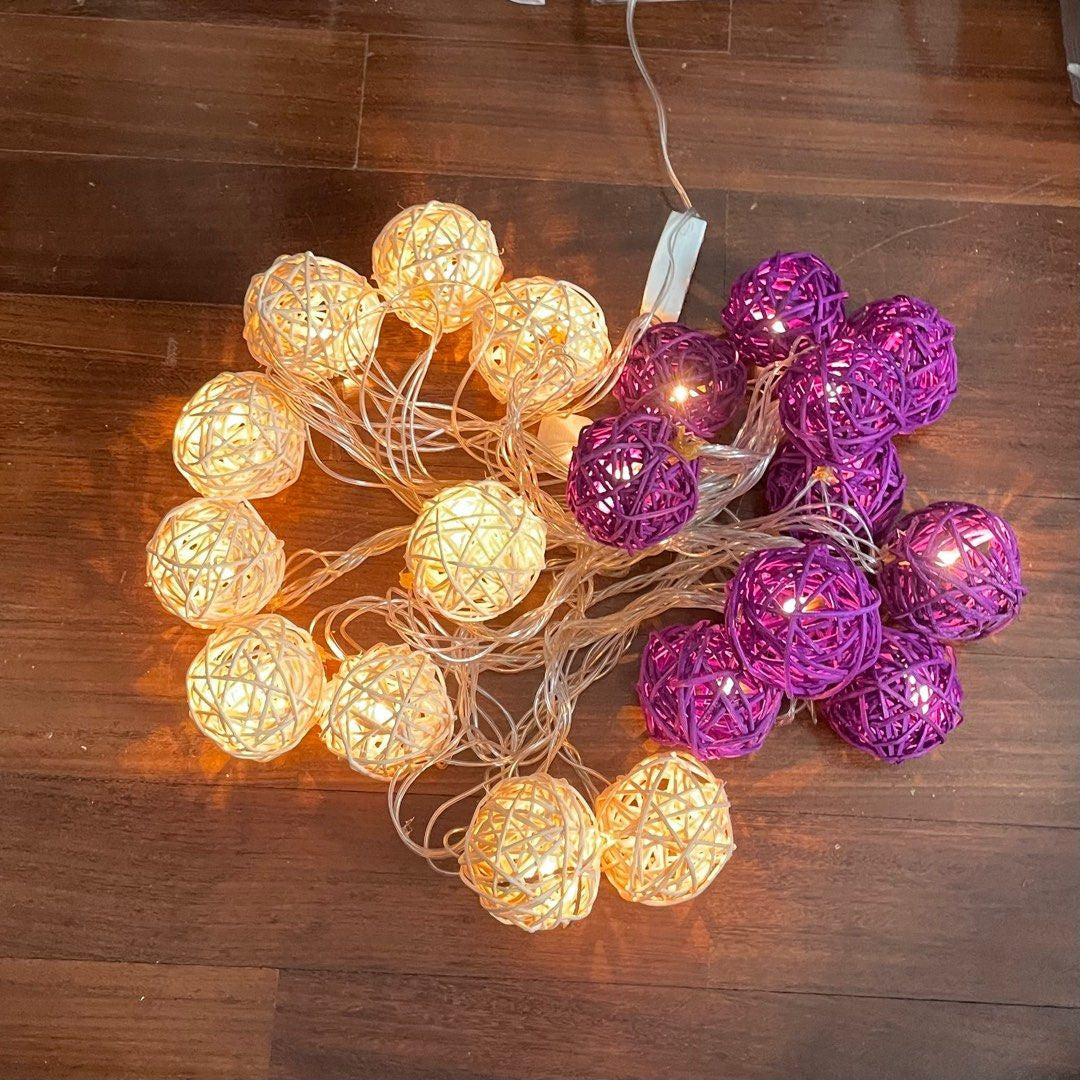 1 Set of Purple n White 5cm Rattan Cane 20 Ball Battery Powered 3m String Lights Christmas Gift Home Wedding V382-PURPWHITERATTBALLBATT20