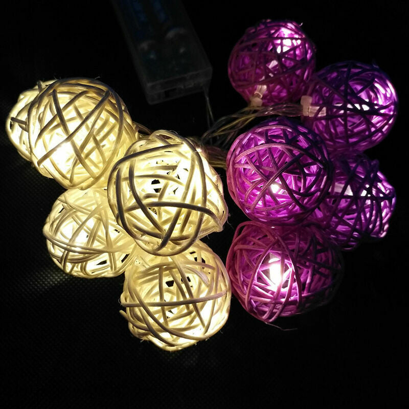 1 Set of Purple n White 5cm Rattan Cane 20 Ball Battery Powered 3m String Lights Christmas Gift Home Wedding V382-PURPWHITERATTBALLBATT20