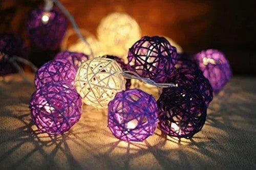 1 Set of Purple n White 5cm Rattan Cane 50 Ball Battery Powered LONG 5m String Lights Christmas Gift Home V382-PURPWHITERATTBALLBATT50