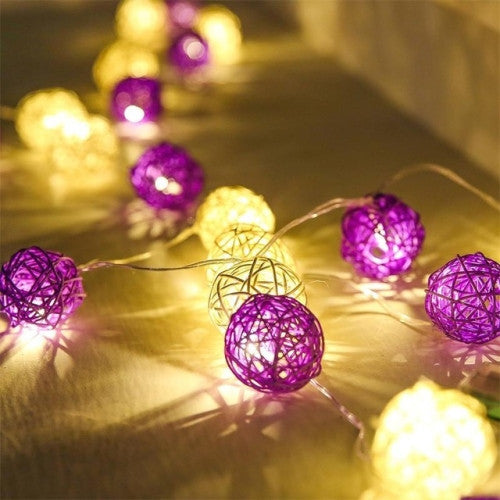 1 Set of Purple n White 5cm Rattan Cane 50 Ball Battery Powered LONG 5m String Lights Christmas Gift Home V382-PURPWHITERATTBALLBATT50