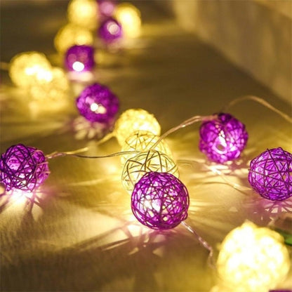 1 Set of Purple n White 5cm Rattan Cane 50 Ball Battery Powered LONG 5m String Lights Christmas Gift Home V382-PURPWHITERATTBALLBATT50