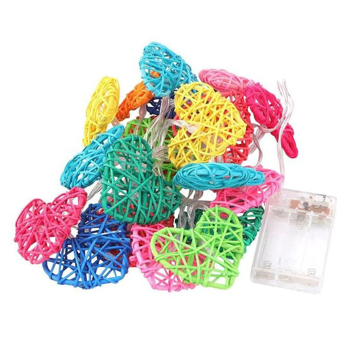 50 Rainbow 3D Hollowed Rattan Heart-Shaped 5M LONG String Fairy Lights, Battery (AA) Indoor & Outdoor V382-RBWHRTRATTBATT50