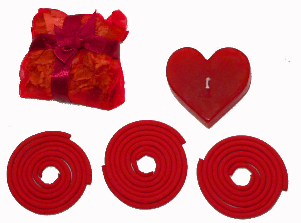 Red Heart Candle Spa Giftset - Red Heart candle, 3 Incense Coils, Pot Porri Satchet in Gift Box V382-REDHRTCOILPORRISET