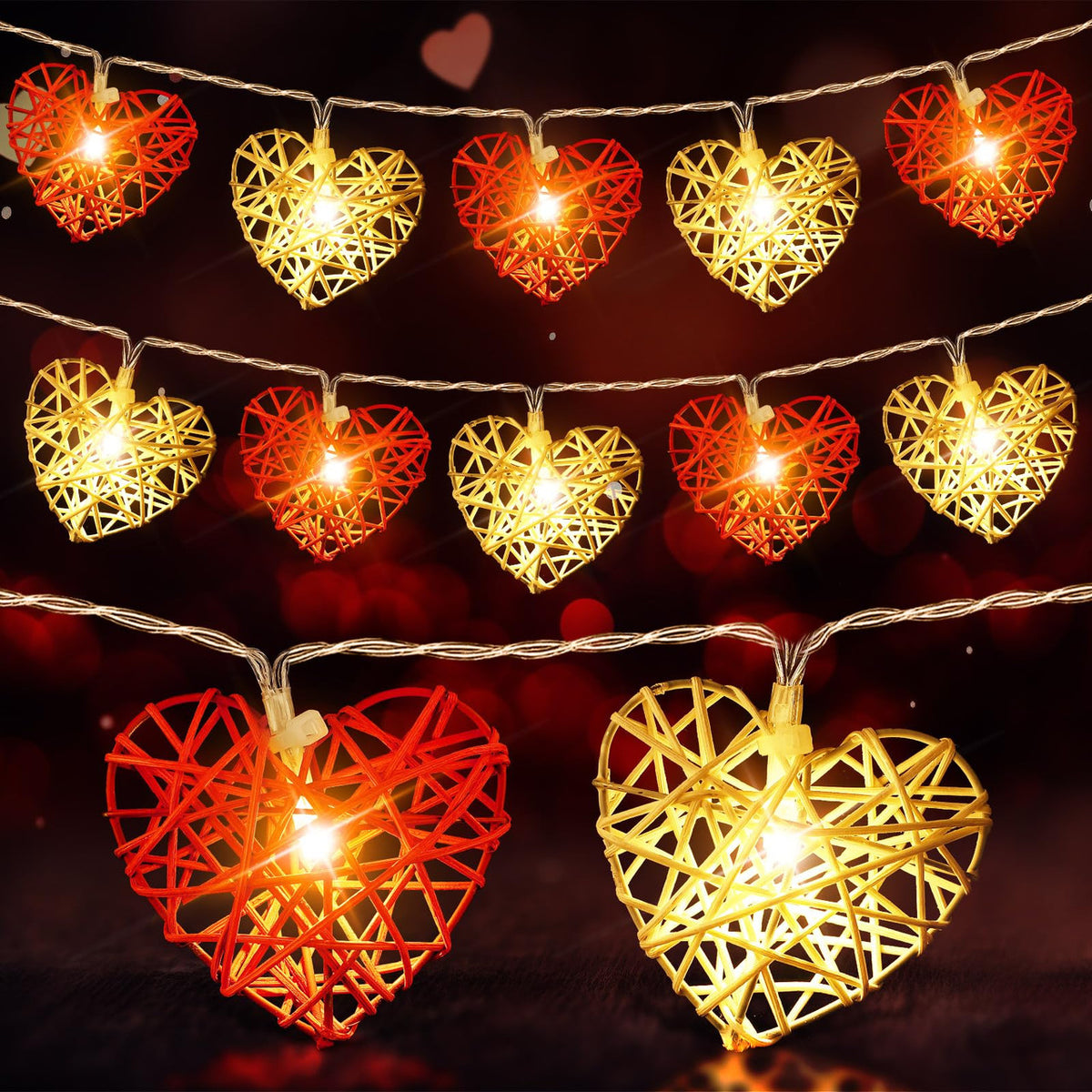 20 Red and White 3D Hollowed Rattan Heart-Shaped 3M String Fairy Lights, Battery (AA) Indoor & Outdoor V382-REDWHHRTRATTBATT20