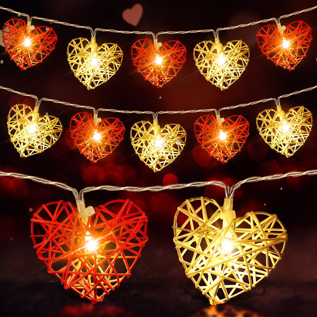 20 Red and White 3D Hollowed Rattan Heart-Shaped 3M String Fairy Lights, Battery (AA) Indoor & Outdoor V382-REDWHHRTRATTBATT20