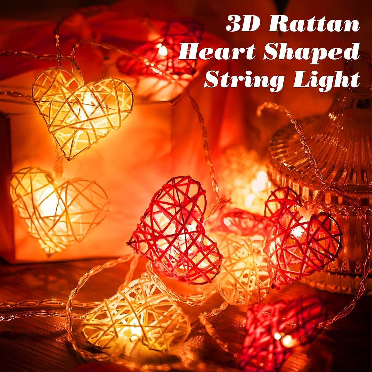 20 Red and White 3D Hollowed Rattan Heart-Shaped 3M String Fairy Lights, Battery (AA) Indoor & Outdoor V382-REDWHHRTRATTBATT20