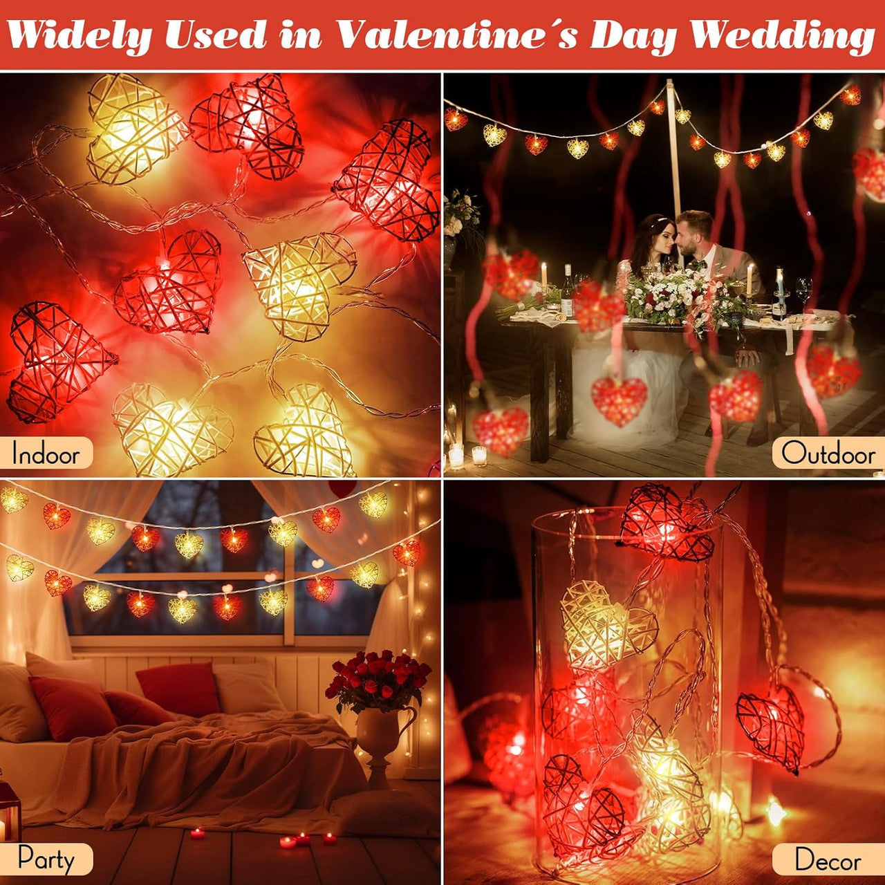 50 Red and White 3D Hollowed Rattan Heart-Shaped 5M LONG String Fairy Lights, Battery (AA) Indoor & Outdoor V382-REDWHHRTRATTBATT50
