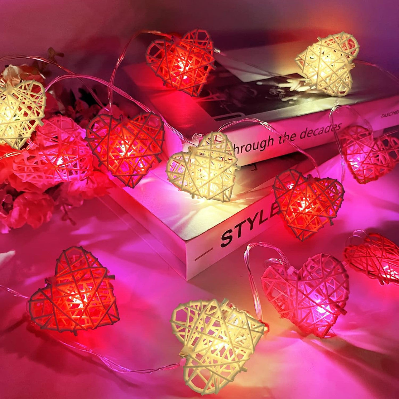 50 Red and White 3D Hollowed Rattan Heart-Shaped 5M LONG String Fairy Lights, Battery (AA) Indoor & Outdoor V382-REDWHHRTRATTBATT50