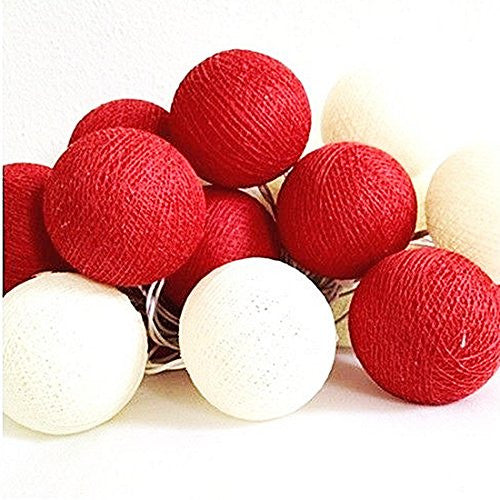 1 Set of 20 LED Red White 5cm Cotton Ball Battery String Lights Christmas Gift Home Wedding Party Bedroom V382-REDWHITEBALLBATT20