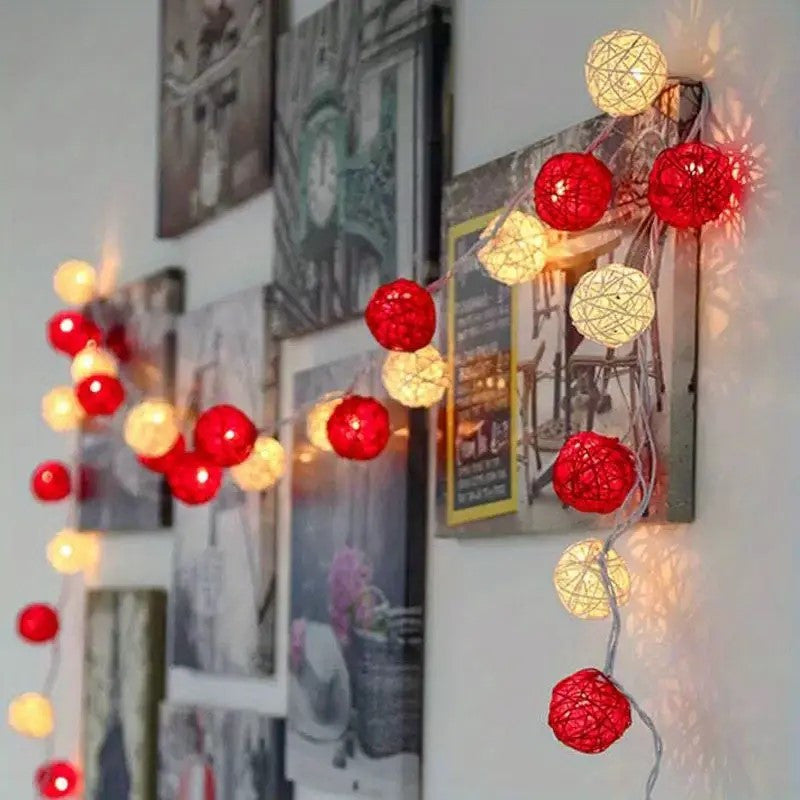 1 Set of Red and White5cm Rattan Cane 20 Ball Battery Powered 3m String Lights Christmas Gift Home Wedding V382-REDWHITERATTBALLBATT20