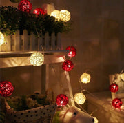 1 Set of Red and White5cm Rattan Cane 20 Ball Battery Powered 3m String Lights Christmas Gift Home Wedding V382-REDWHITERATTBALLBATT20