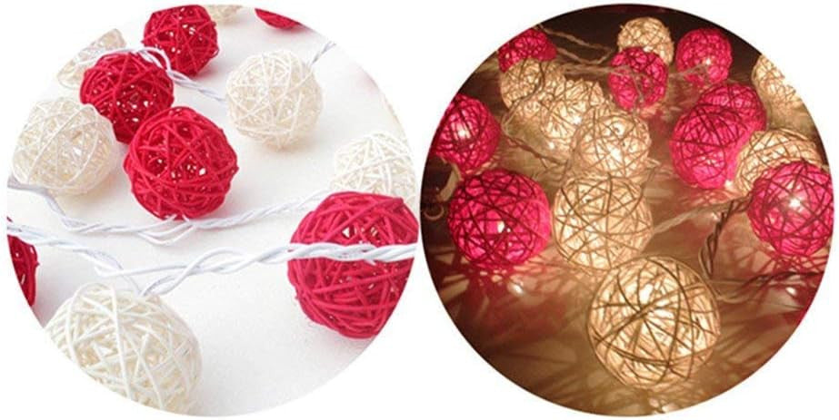 1 Set of Red and White5cm Rattan Cane 20 Ball Battery Powered 3m String Lights Christmas Gift Home Wedding V382-REDWHITERATTBALLBATT20
