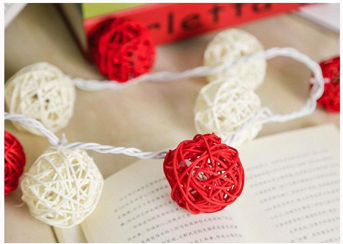 1 Set of Red and White5cm Rattan Cane 20 Ball Battery Powered 3m String Lights Christmas Gift Home Wedding V382-REDWHITERATTBALLBATT20