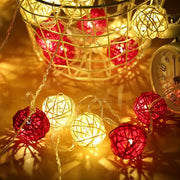 1 Set of Red and White5cm Rattan Cane 20 Ball Battery Powered 3m String Lights Christmas Gift Home Wedding V382-REDWHITERATTBALLBATT20