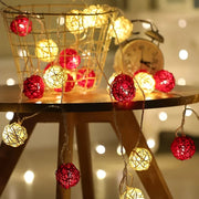 1 Set of Red and White5cm Rattan Cane 20 Ball Battery Powered 3m String Lights Christmas Gift Home Wedding V382-REDWHITERATTBALLBATT20