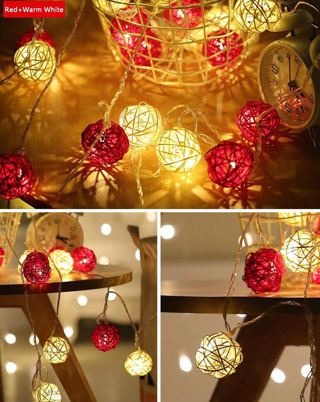 1 Set of Red and White 5cm Rattan Cane 50 Ball Battery Powered LONG 5m String Lights Christmas Gift Home V382-REDWHITERATTBALLBATT50