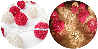 1 Set of Red and White 5cm Rattan Cane 50 Ball Battery Powered LONG 5m String Lights Christmas Gift Home V382-REDWHITERATTBALLBATT50