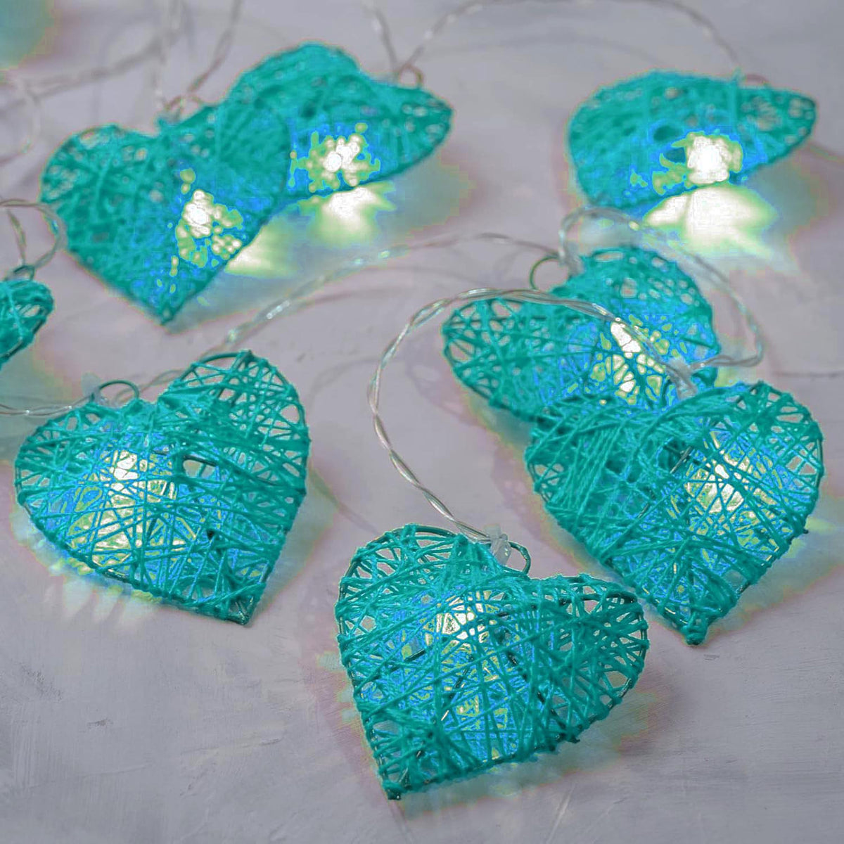 20 Turquoise Blue 3D Hollowed Rattan Heart-Shaped 3M String Fairy Lights, Battery (AA) Indoor & Outdoor V382-TURQHRTRATTBATT20