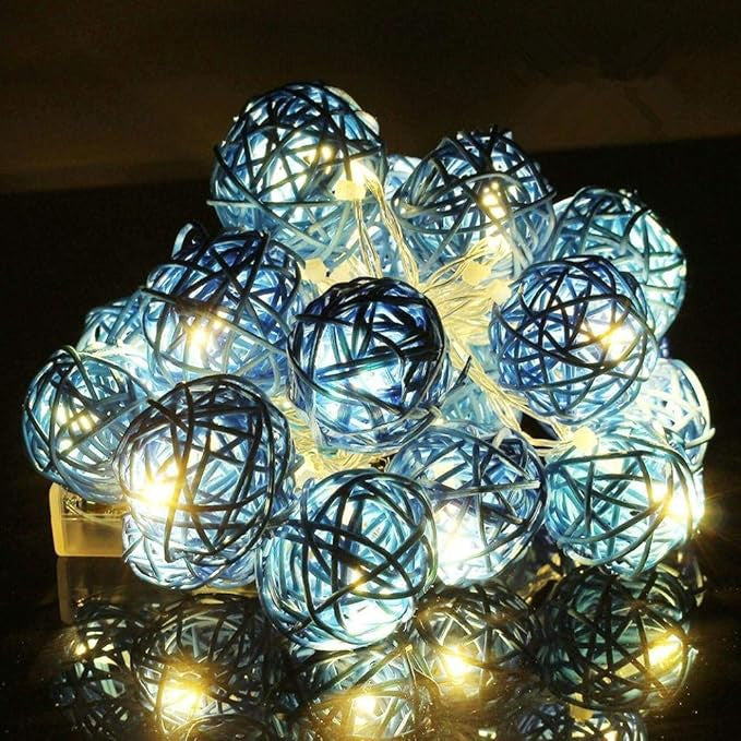 1 Set of Turquoise Blue 5cm Rattan Cane 50 Ball Battery Powered LONG 5m String Lights Christmas Gift Home V382-TURQRATTBALLBATT50