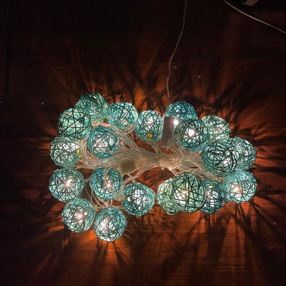 1 Set of Turquoise Blue 5cm Rattan Cane 50 Ball Battery Powered LONG 5m String Lights Christmas Gift Home V382-TURQRATTBALLBATT50