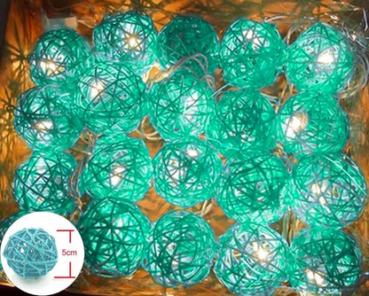 1 Set of Turquoise Blue 5cm Rattan Cane 50 Ball Battery Powered LONG 5m String Lights Christmas Gift Home V382-TURQRATTBALLBATT50