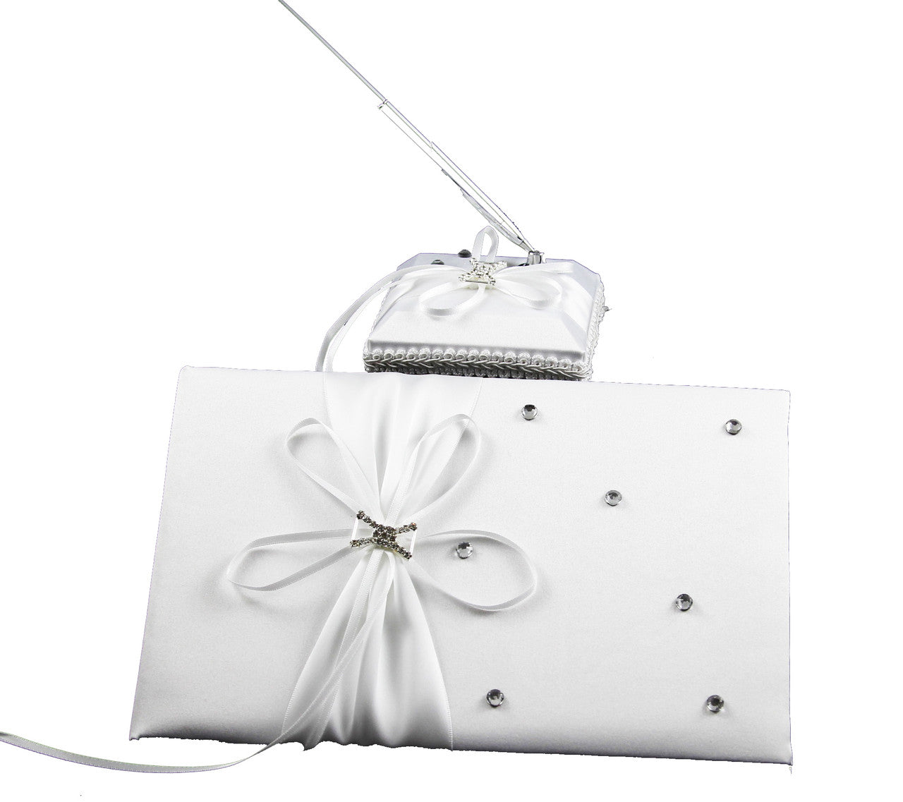 White Wedding Guest Book Register with Silver Pen Matching Stand Set 36 Lined Pages - White Ribbon and V382-WHDIASACHGBPEN
