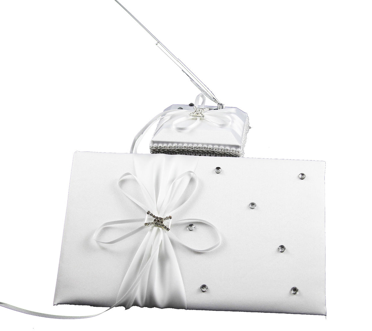White Wedding Guest Book Register with Silver Pen Matching Stand Set 36 Lined Pages - White Ribbon and V382-WHDIASACHGBPEN