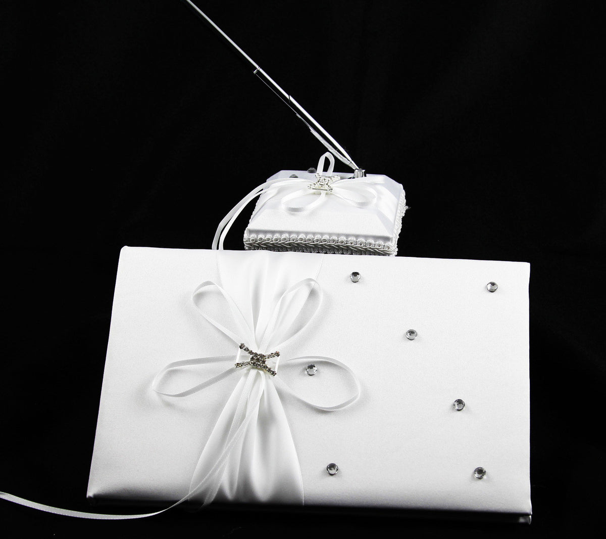 White Wedding Guest Book Register with Silver Pen Matching Stand Set 36 Lined Pages - White Ribbon and V382-WHDIASACHGBPEN