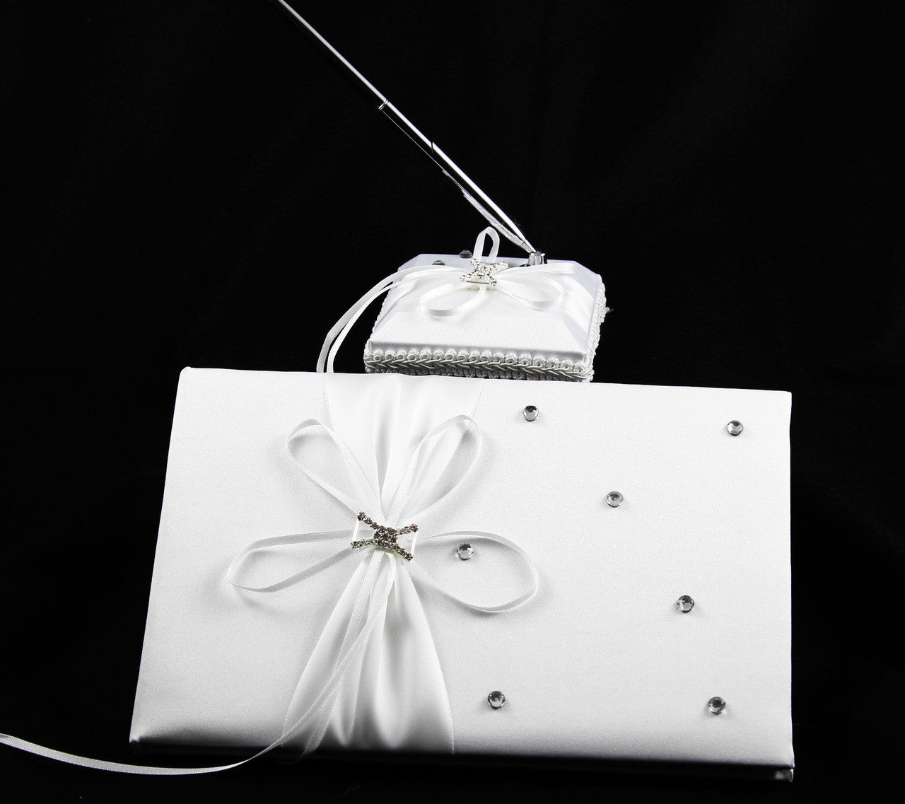 White Wedding Guest Book Register with Silver Pen Matching Stand Set 36 Lined Pages - White Ribbon and V382-WHDIASACHGBPEN