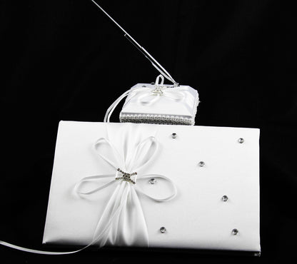 White Wedding Guest Book Register with Silver Pen Matching Stand Set 36 Lined Pages - White Ribbon and V382-WHDIASACHGBPEN